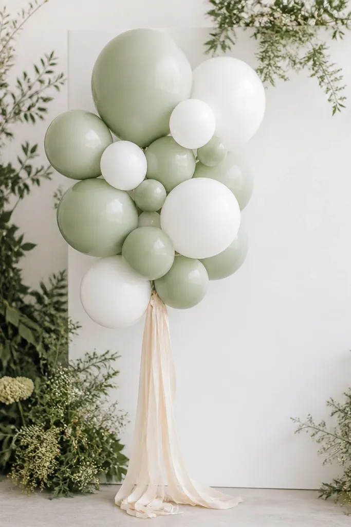 A balloon cluster with sage latex balloons mixed with white balloons, tied to a cream ribbon tail that drapes down; behind it is a white backdrop with greenery accents.