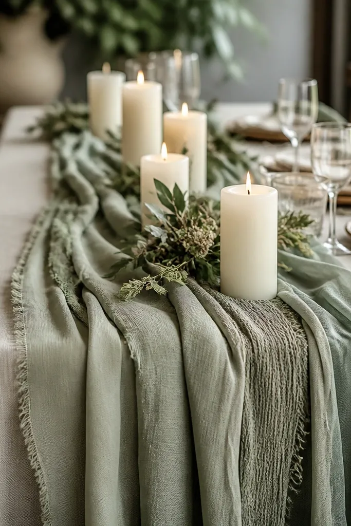 Tables with layered runners made from multiple sage scarves in different textures, folded and draped across the center; ivory candles and small greenery bundles sit on top.