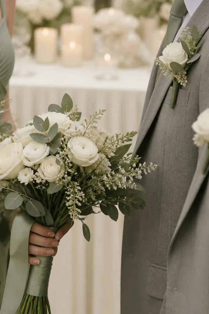 Close-up of bridesmaid bouquets wrapped in sage ribbon, with matching sage boutonnières on groom suits; the background shows ivory linens and cream candles.