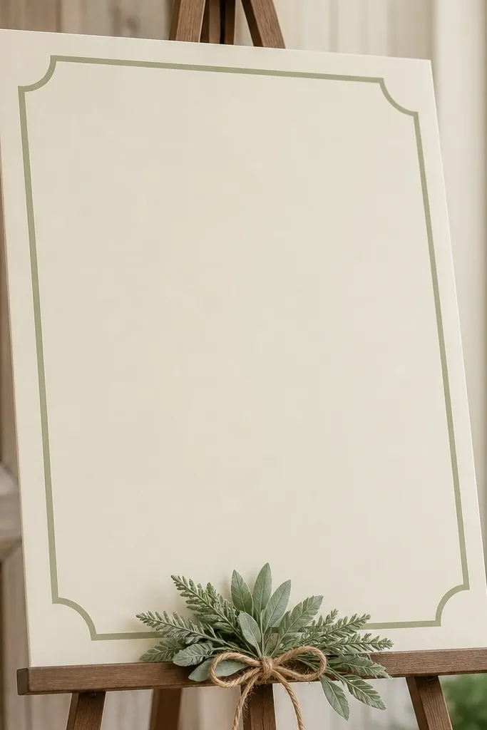 A welcome sign on an ivory board with a sage border, printed in dark espresso ink; a small sprig of sage greenery is attached at the bottom with twine.
