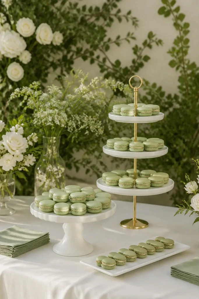 A dessert table with cream tablecloth, sage-colored macaron-style treats on tiers, small sage napkins, and a backdrop of soft greenery and white flowers.