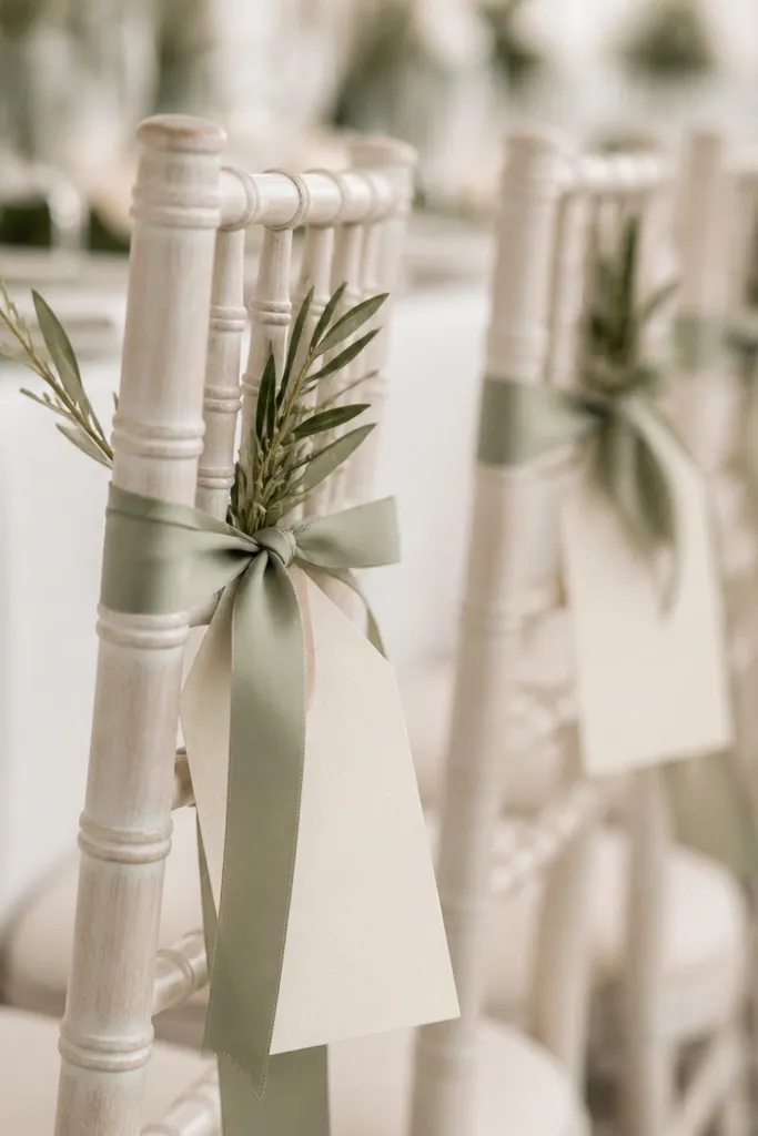 Ivory place cards tied to each chair with small sage sprigs clipped to the ribbon; the ribbons are muted sage and the chair backs are mostly neutral.