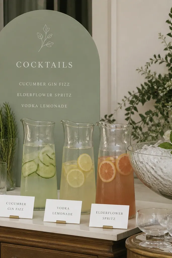 A cocktail bar with sage-colored signage, clear pitchers, and a large bowl of ice with mint-green herb leaves; glassware is clear and labeled with small white cards.