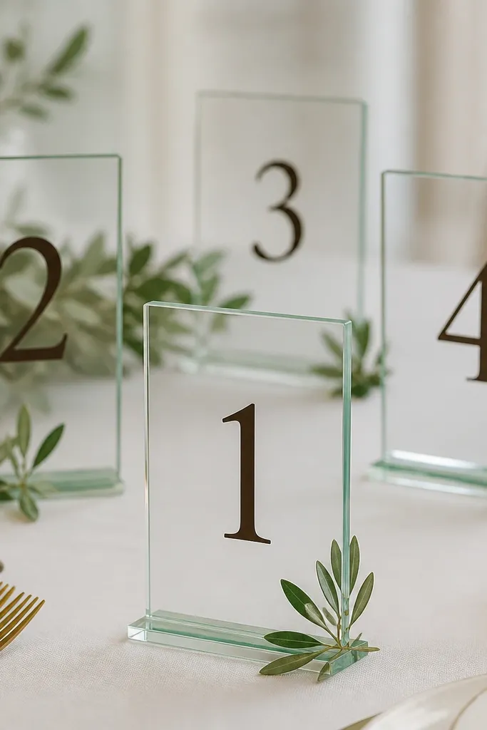 Table numbers displayed on clear acrylic stands with sage-tinted edges; each number is printed in dark espresso, with small sage greenery tucked beside the stand.