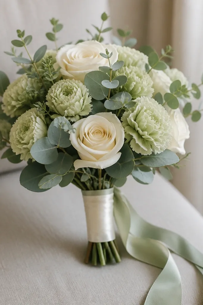 A bridal bouquet in a tight hand-tied shape with cream roses, pale sage blooms, and eucalyptus leaves; wrapping is ivory satin with a sage ribbon tail.