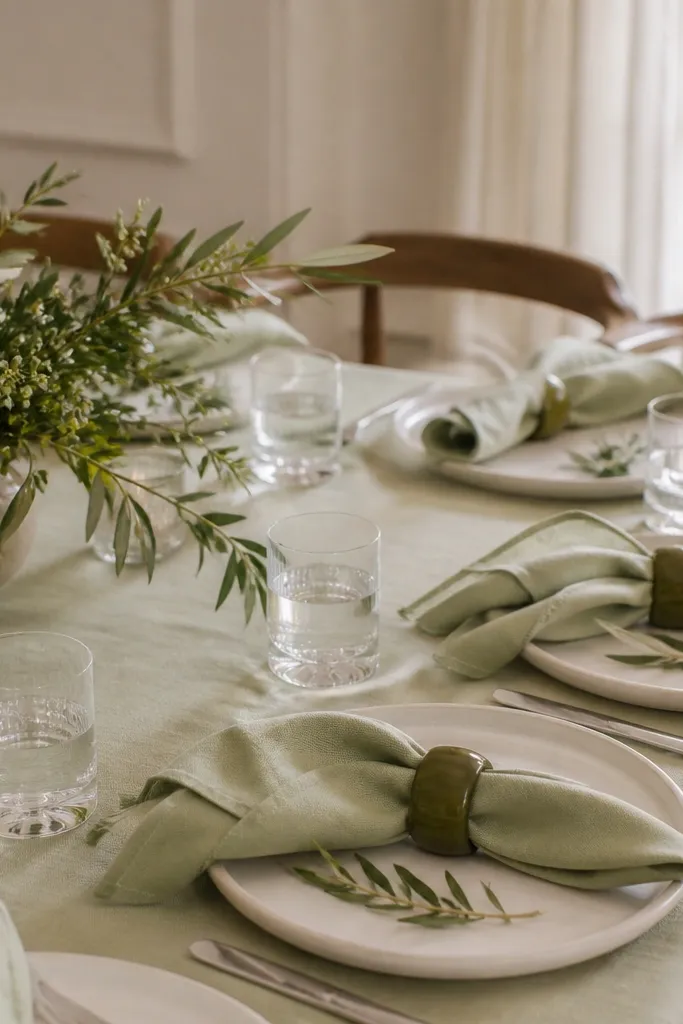 A dining table set with sage napkins folded neatly, olive green napkin rings, and small ivory plates; each place has a clear water glass and a tiny greenery sprig.