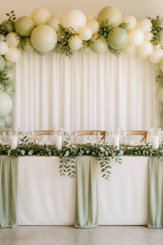 A head table backdrop with a soft balloon garland in sage and ivory, arranged in a gentle arch shape; the table is covered in ivory cloth with sage runners and greenery.