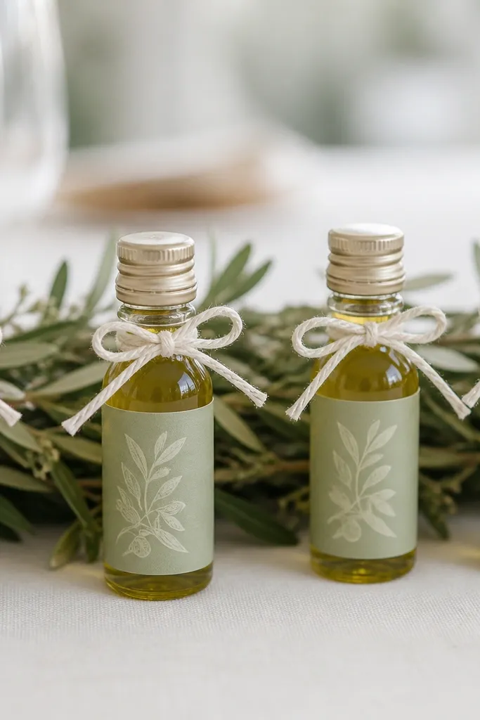 Mini olive oil bottles on a table, dressed with sage-toned labels and cream twine bows; a small greenery garland runs behind the bottles.