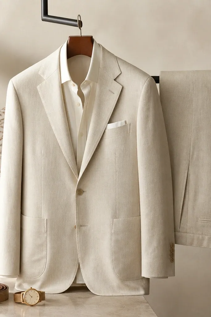 A men's warm ivory linen suit jacket and trousers on a hanger, with a white matte silk pocket square folded flat in the breast pocket. The shirt is soft cream, the tie is absent, and the accessories include a slim champagne-gold watch and a simple belt.