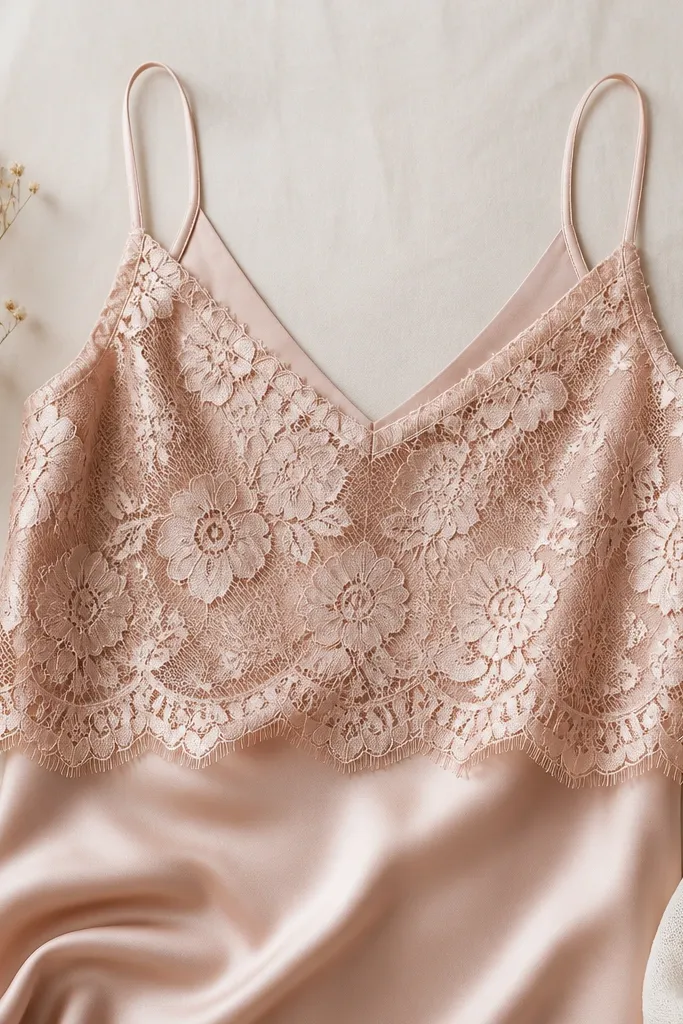 A women's outfit laid flat: blush satin camisole with thin straps, topped with a cropped lace overlay that ends at the waist. The lace pattern is floral and the fabric catches light softly; the skirt is not shown, keeping focus on the top layer.