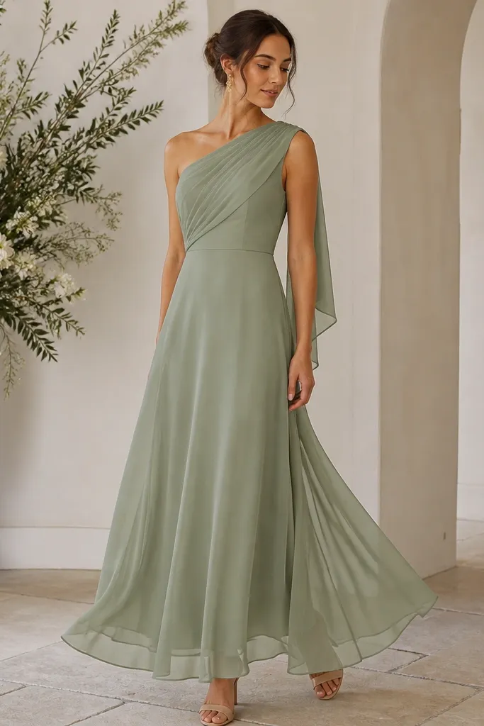 A women's one-shoulder bridesmaid dress in sage green chiffon, with a draped panel across the neckline and a flowing skirt. The fabric looks airy and slightly translucent at the edges; the styling includes gold earrings and nude heels.