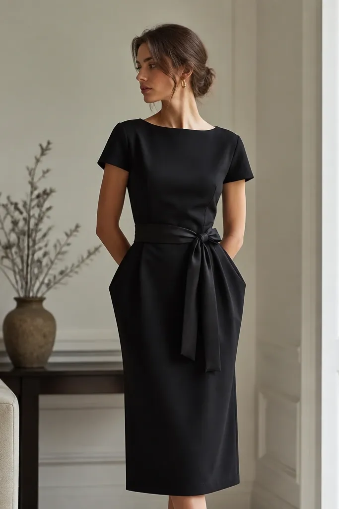 A women's black crepe tea-length dress with short sleeves and a defined waist. A satin waist bow belt ties at the side and creates a slight volume at the hips; the hem hits mid-calf.