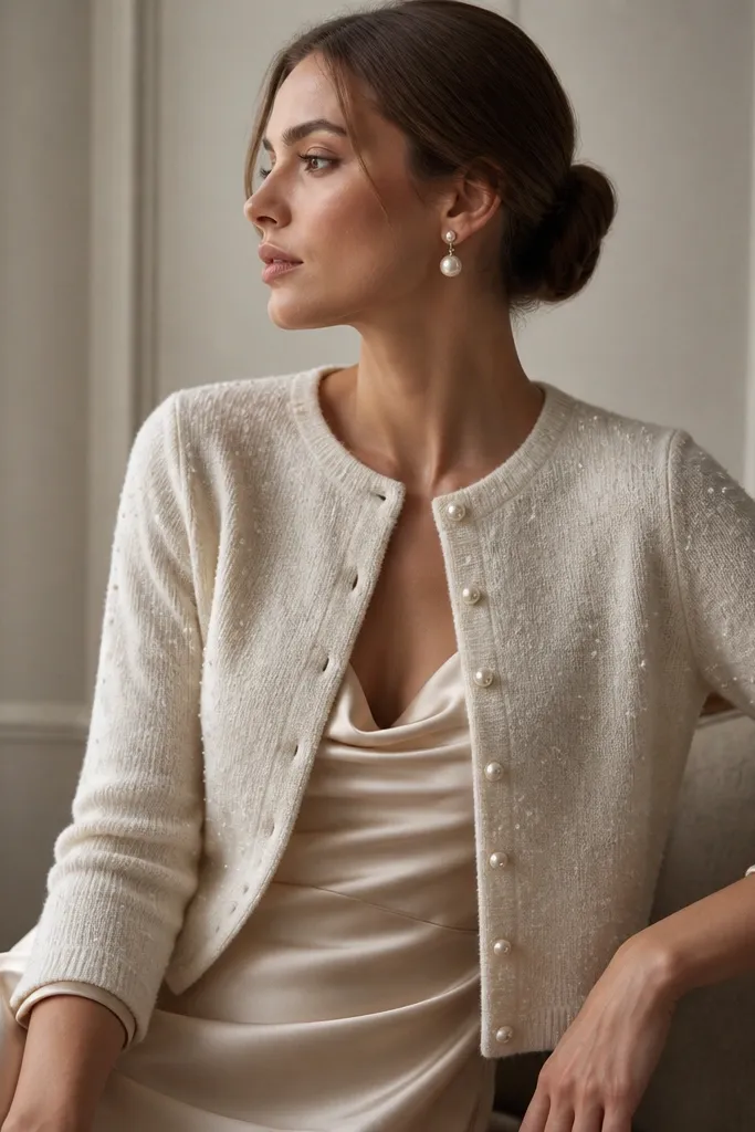 A women's pearl cardigan with small round pearl-like buttons worn over a satin dress. The cardigan sleeves are slightly cropped, showing the satin underneath; the outfit is styled with a low bun and pearl earrings.