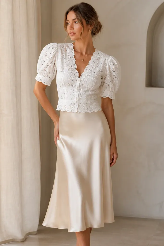 A women's white eyelet blouse with puff sleeves and a fitted waist, paired with a high-waist satin midi skirt. The skirt falls in soft folds; the blouse has scalloped edges and visible texture.