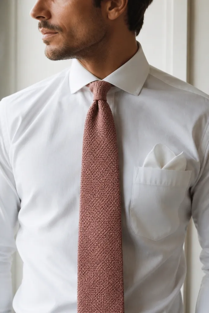 A men's white cotton dress shirt with a textured dusty rose knit tie. The tie looks slightly matte and thick; a white pocket square is folded in the breast pocket; the jacket is not shown.