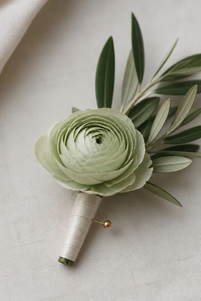 A groom's boutonniere: one pale sage-green ranunculus bloom with a few olive leaves. The stem is wrapped in thin ivory ribbon and finished with a small gold pin.