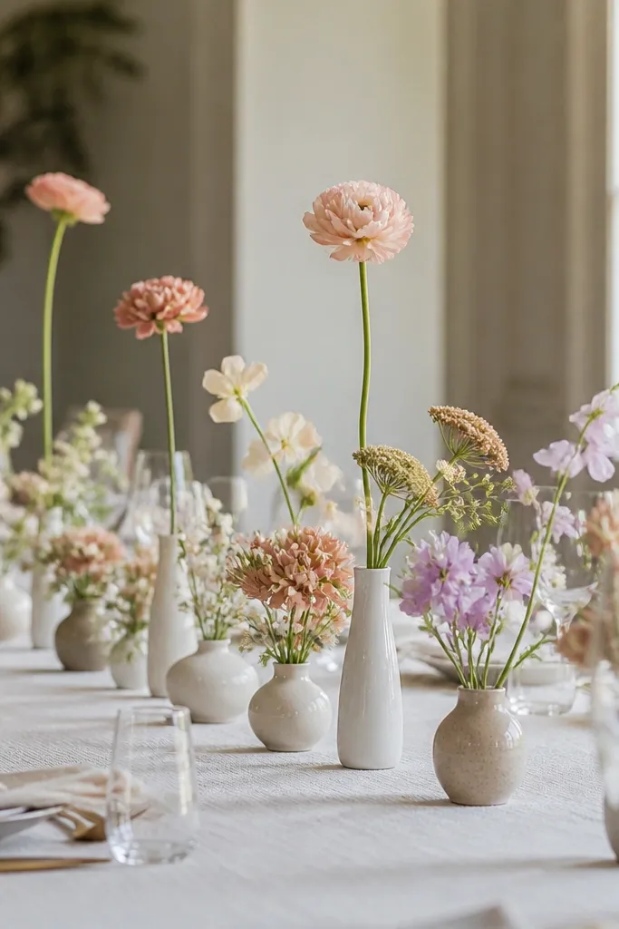 A dining table with multiple tiny bud vases, each holding a small bundle of flowers. One bud vase per centerpiece is slightly taller with a single long stem; the rest are shorter, creating height variation.