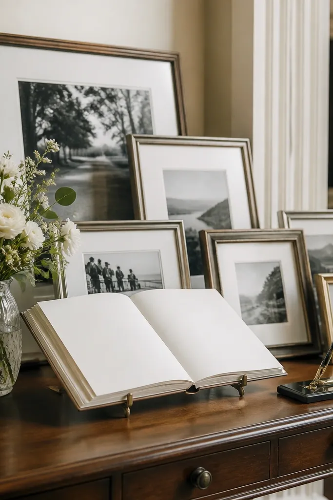 A welcome table with several framed black-and-white photos leaning against each other. On top sits an open guest book on a small stand, with a pen set and a small vase of flowers nearby.
