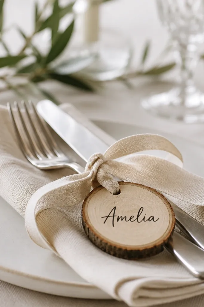 A table with place cards made from mini round wooden slices. Each card has a name written in black ink, and a linen ribbon loop ties the card to the napkin or cutlery.