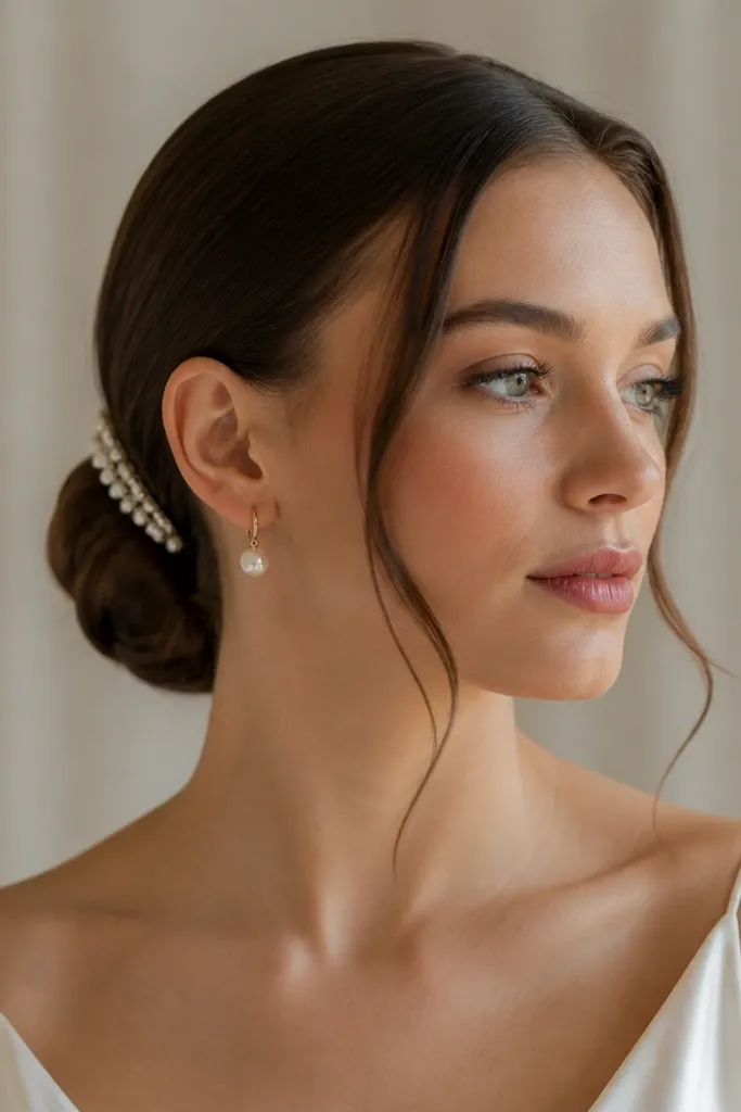 A low bun hairstyle with smooth hair at the back and a thin pearl comb placed near the bun. Two soft face-framing strands sit on either side of the face; the rest is pinned tightly.
