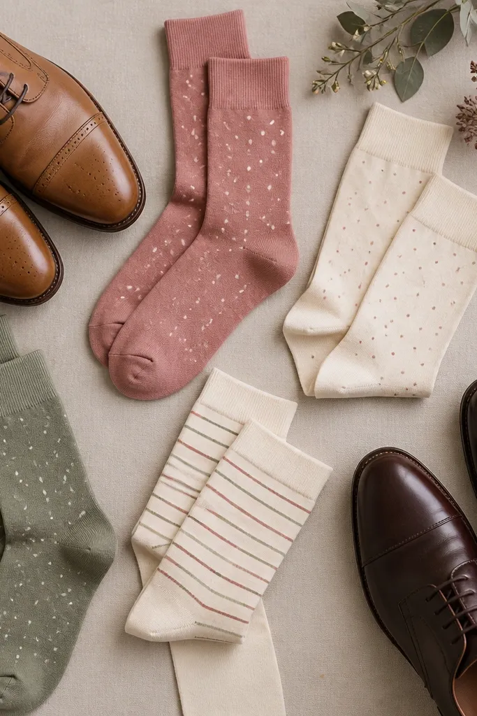 A flat lay of patterned socks in dusty rose, sage, and warm ivory. They are paired with shoes in tan and dark brown; the socks have small dots or subtle stripes matching the wedding colors.