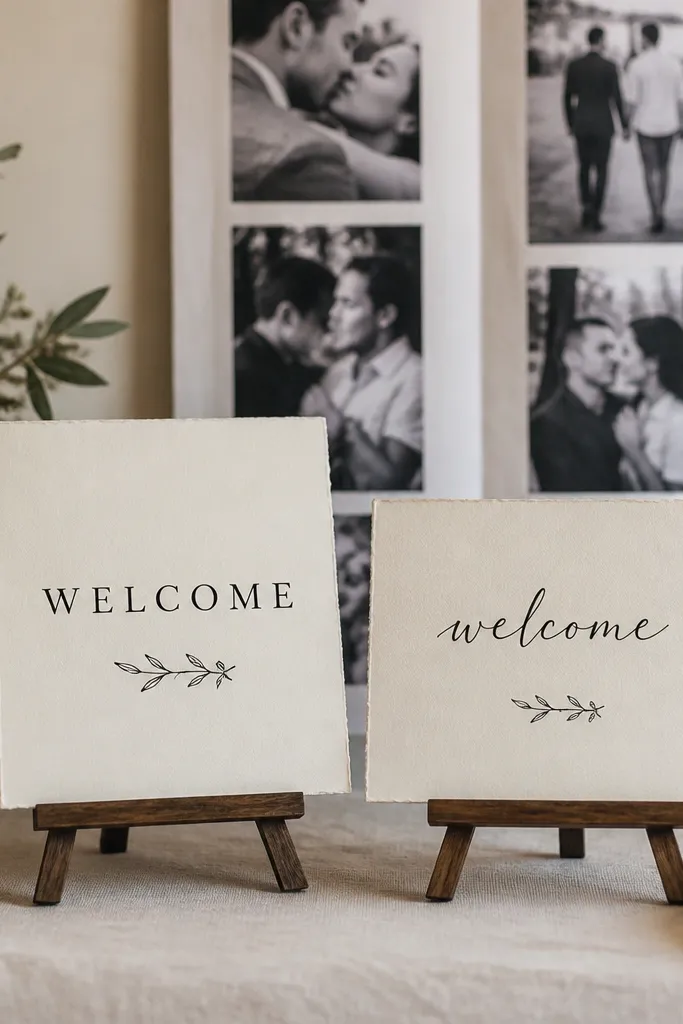 Two small welcome signs on tabletop easels. Behind them is a photo strip banner with black-and-white images; the signs have simple black lettering on warm ivory paper.