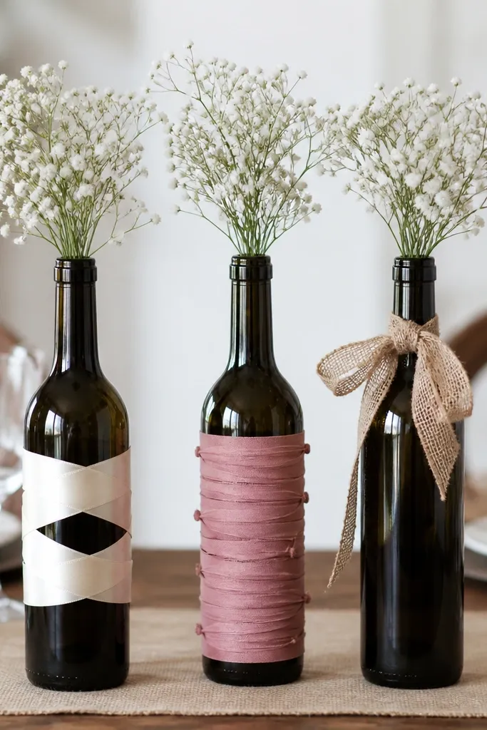 Three dark glass wine bottles with labels removed. Each bottle has a different ribbon wrap: one satin ivory looped in bands, one dusty rose ribbon wrapped straight with small knots, and one burlap ribbon tied around the neck. Tiny white baby's breath stems sit inside, and the bottles look uniform from across the table.