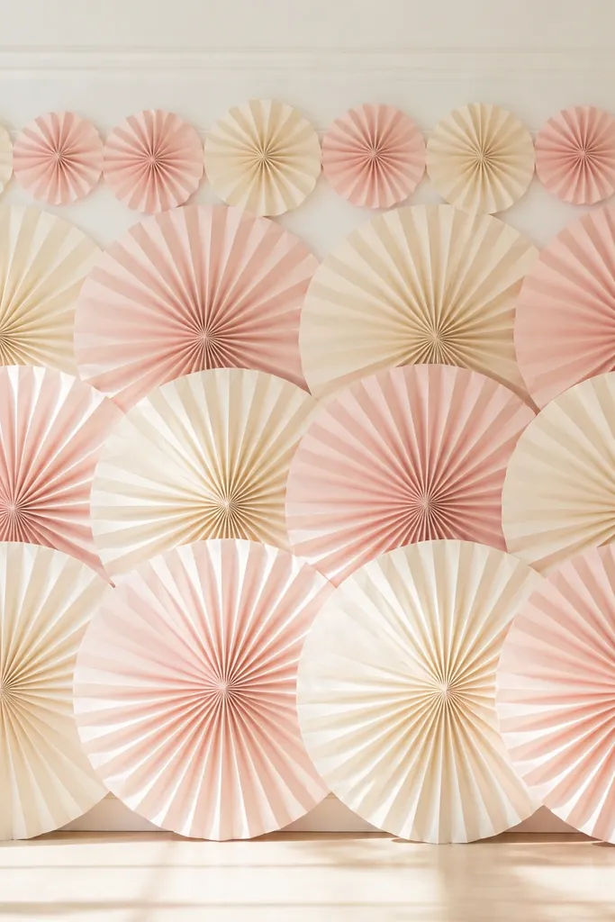 A wall covered with large folded paper fans in alternating cream and blush. The fans are attached in rows to a white board, with the smallest fans at the top. The photo area looks airy, and the paper has visible pleats catching soft light.