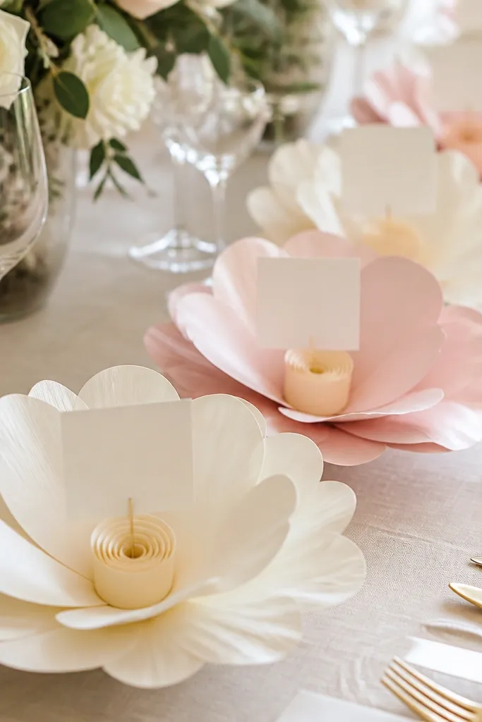 Large paper flowers in soft white and pale pink, each with a small rolled center. A place card sits in the flower's center using a small clip. The flowers are arranged in a row on a dining table.
