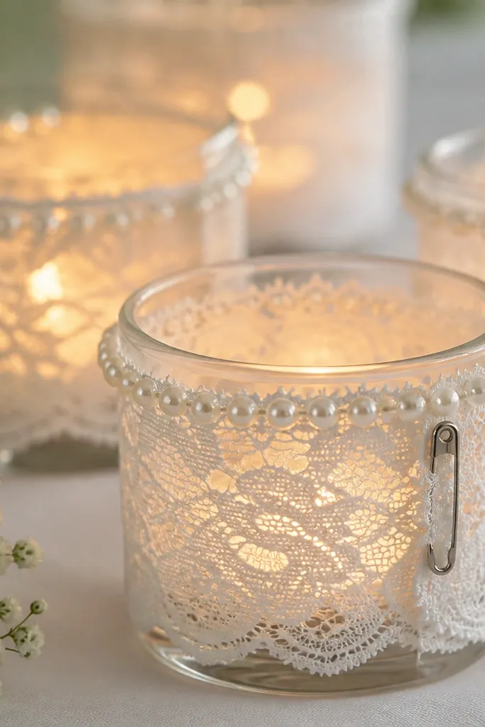 Tea lights in clear glass holders wrapped with small strips of lace. The lace is pinned at the back with silver safety pins, and a thin line of pearl beads is stitched along the top edge. The candles glow softly and the lace pattern shows clearly.