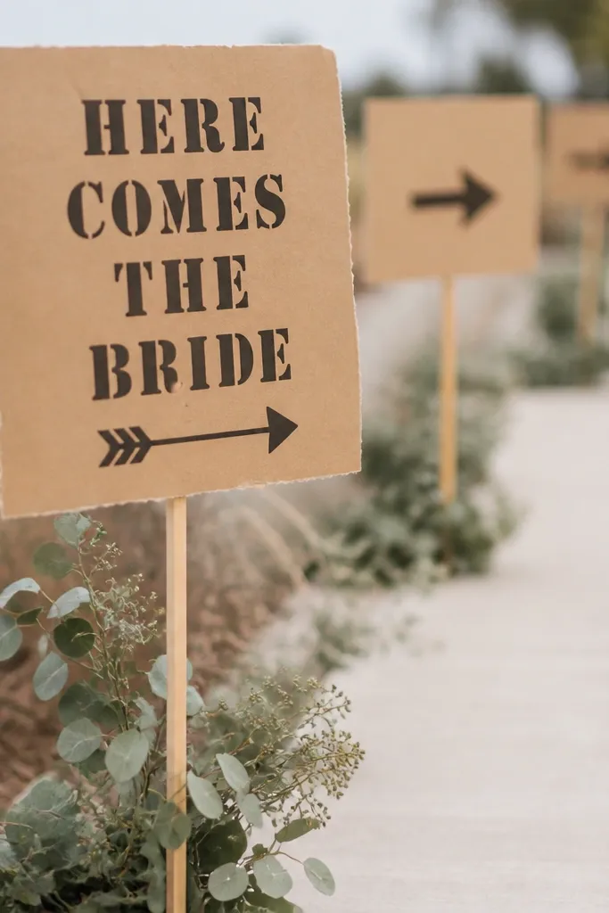 Kraft paper signs mounted on thin wooden sticks, with black stencil text like 'Here Comes the Bride' and directional arrows. The signs have a slightly rough edge and the ink looks crisp. They line up along a walkway with small clusters of dried eucalyptus.