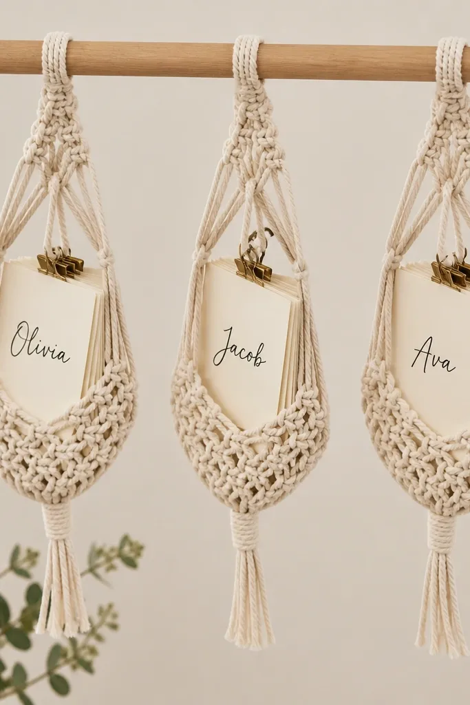Three small macrame hangers made from cotton cord, each holding a cluster of tiny cards clipped to strings. The hangers are suspended from a simple wooden dowel, and the cards show names in black ink on cream cardstock.