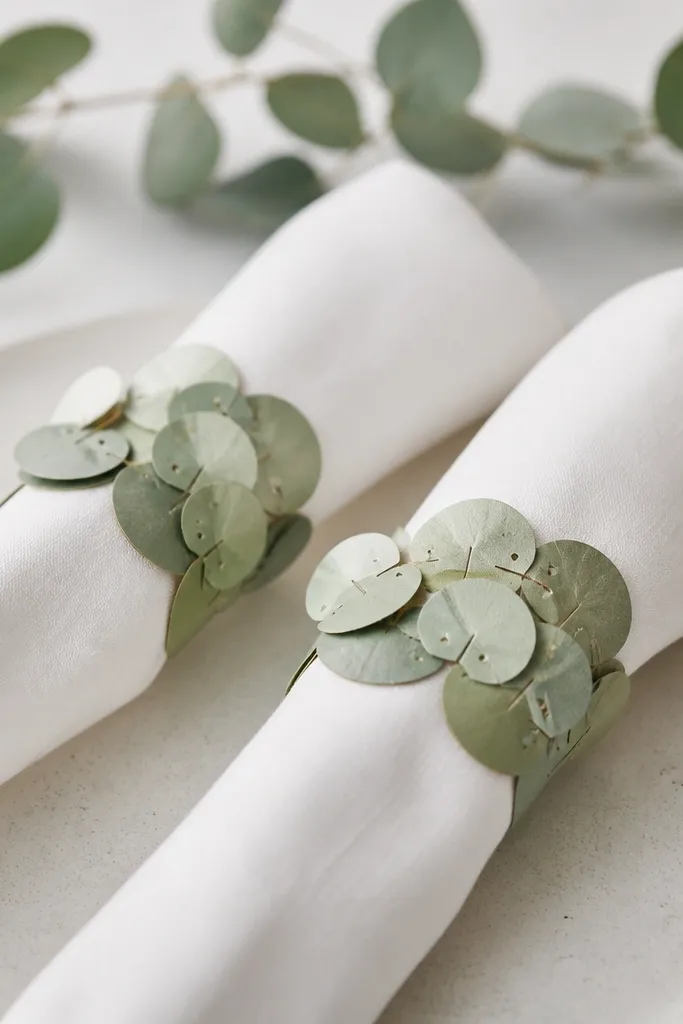 Napkins tied with green paper rings shaped like eucalyptus leaves. Each ring has small punched holes and a subtle green gradient. The napkins are white, and the rings look airy and light.