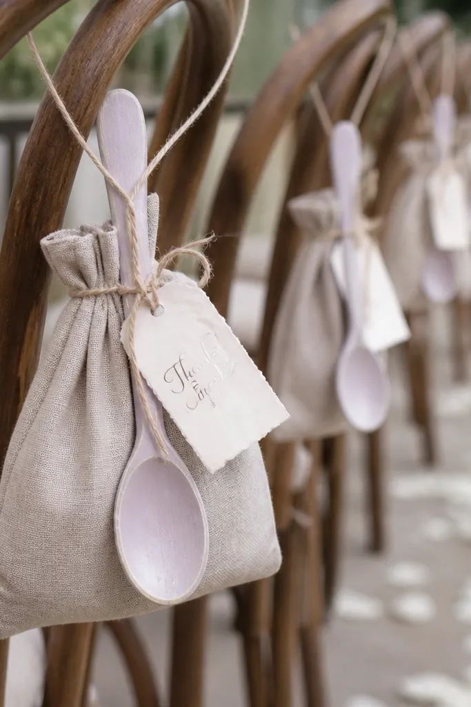 Small muslin bags with a wooden spoon clipped on the front. The spoons are painted matte white with a faint lavender wash and a handwritten 'Thank you' tag. The bags hang from chair backs along an aisle.