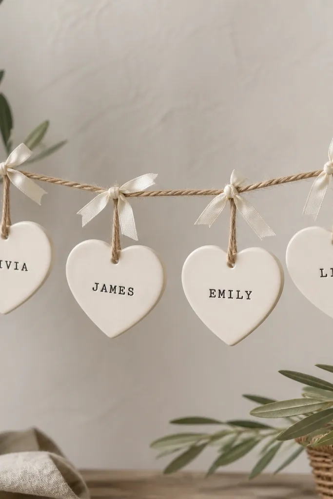 Heart-shaped salt dough ornaments with smooth edges. Each heart has a stamped name in the center in black ink. The hearts are hung on a twine line with small cream ribbon bows.