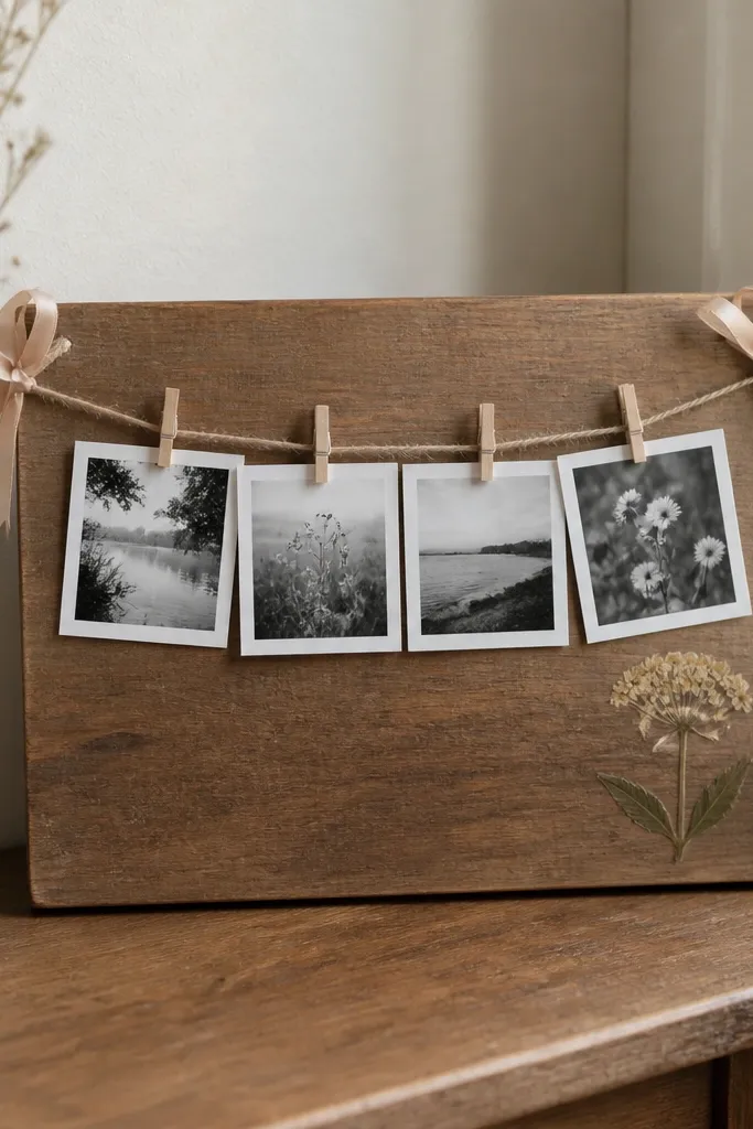 A small wooden board propped at a corner table. It has a line of twine with tiny clothespins holding black-and-white printed photos. A satin ribbon ties the twine ends, and the board is decorated with a small pressed flower sticker.