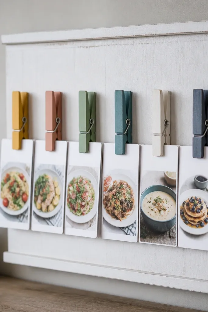A vertical wooden board with a row of painted peg clothespins. Each clothespin holds a small printed menu card. The board is painted white with black lettering at the top, and the cards flip easily.