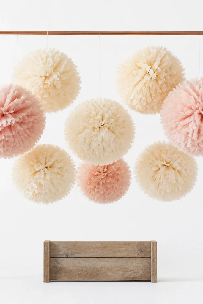 Large crepe paper pom-poms in cream and blush hanging from a simple backdrop frame. The pom-poms have layered fringe texture and look full from every angle. A small wooden sign sits underneath, and the background is plain white.