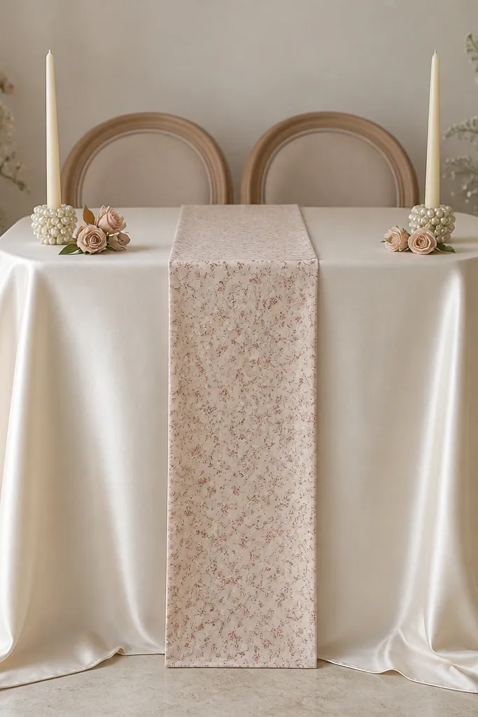 A sweetheart table draped in ivory satin with a narrow blush micro-floral strip down the center. Two ivory taper candles in pearl holders sit near each end, with tiny rosebuds tucked between.