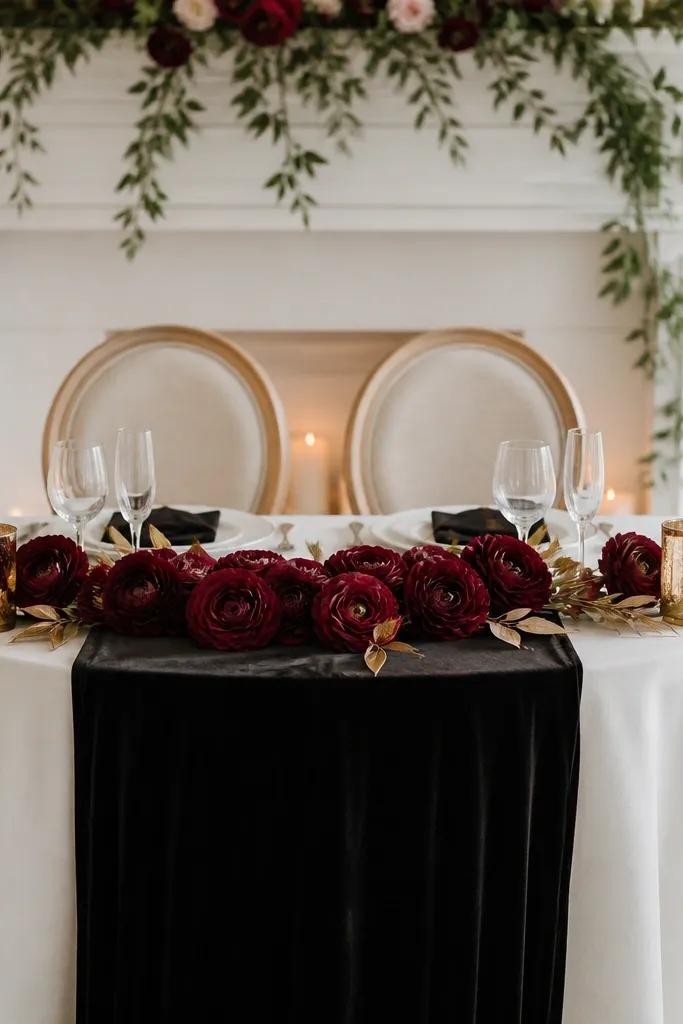 A black velvet runner centered on the sweetheart table, with burgundy ranunculus blooms arranged in a loose line. Small gold leaf sprigs and a couple of gold candle holders sit at the ends.