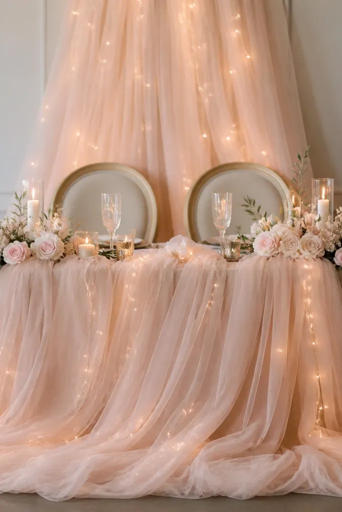 A sweetheart table with chairs backed by a blush tulle waterfall that cascades from behind the chairs down to the tabletop. Light gold fairy lights are woven through the tulle.
