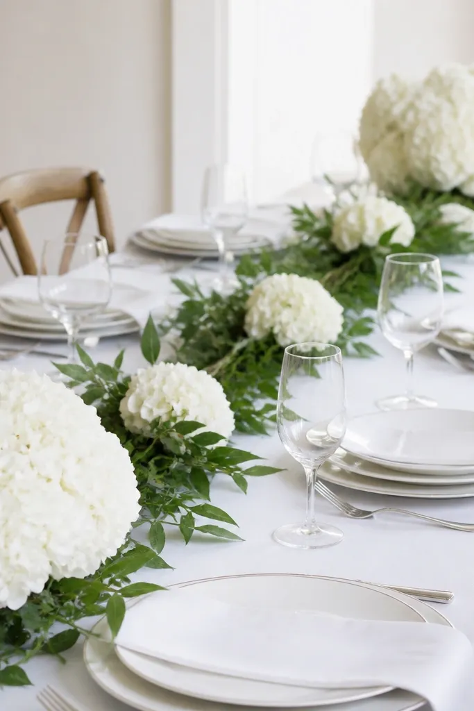 A simple white table setup with a greenery runner. Large white hydrangea clusters sit at both ends, with smaller hydrangea sprigs tucked along the center line.