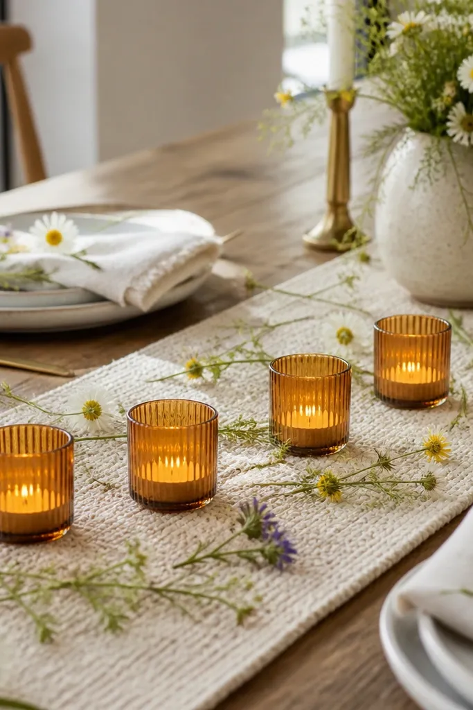 A cream knit runner stretched across the table with loose wildflower-style sprigs (daisies, small blooms) scattered lightly. Amber glass votives sit in a line near the front.