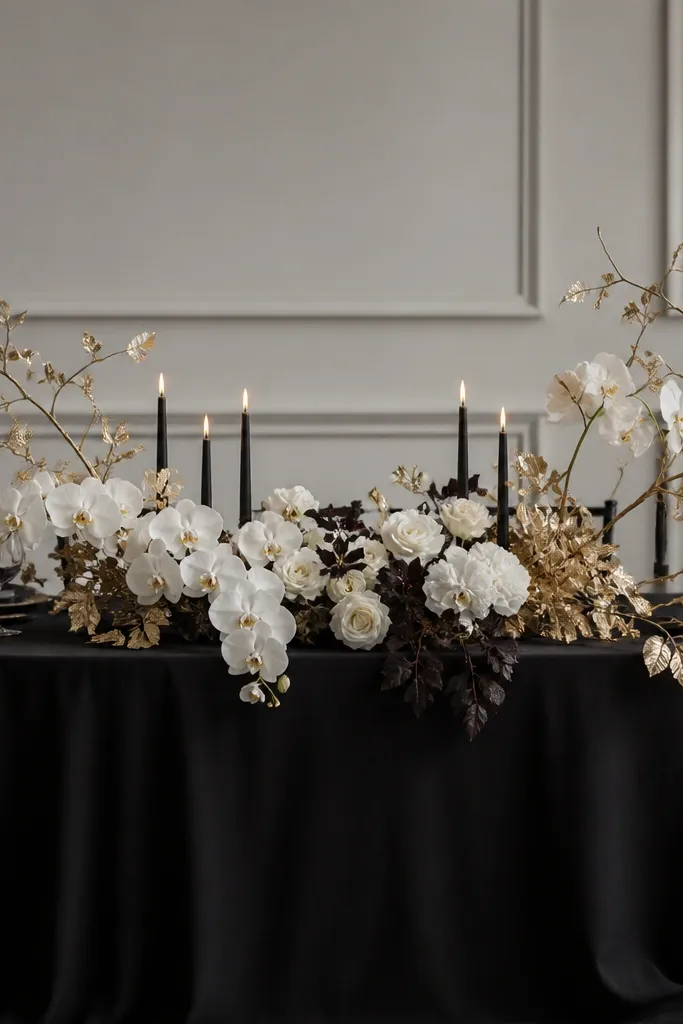 A black tablecloth with a black-and-white orchid arrangement. Gold-leaf branches arc from both ends toward the center, with slim black candles in between.