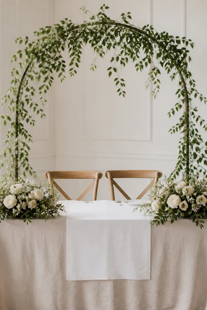 A sweetheart table with a simple metal arch behind the chairs covered in trailing greenery. On the table, low bud clusters sit at each end with a clean runner in between.