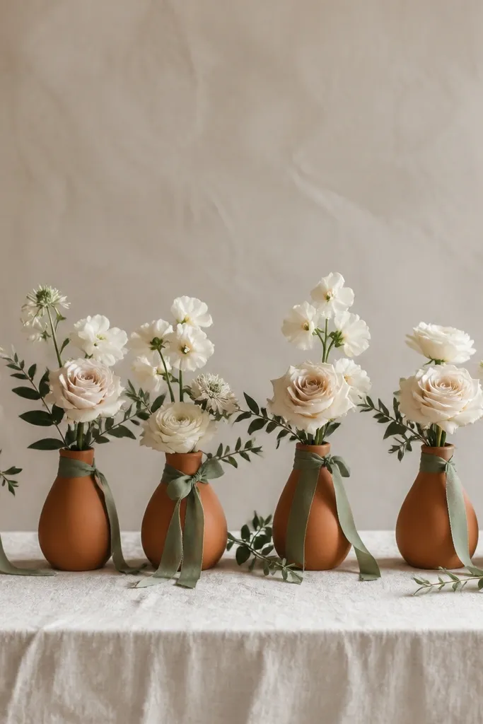 A neutral table with terracotta bud vases in a row, each holding cream flowers. Sage ribbons wrap around vase necks, and a few small greenery sprigs fill gaps.