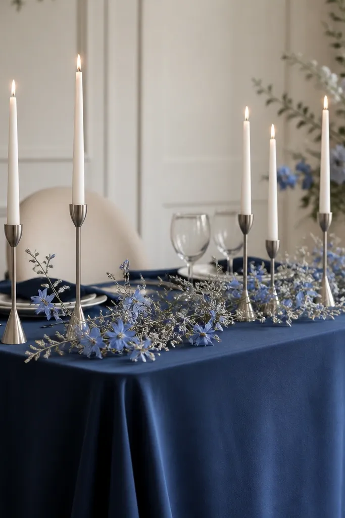 A navy sweetheart tablecloth with white taper candles in holders. Small starflower blue accents and silver sprigs are scattered along the runner.