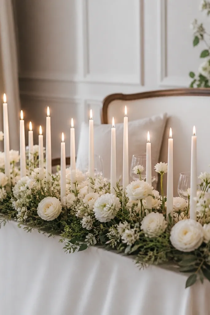 A sweetheart table with a long line of tall white candles on a runner. White blooms are tucked along both sides of the candle line, with greenery filling gaps.