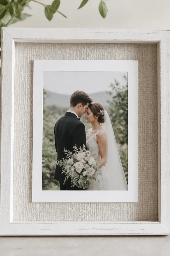 A small chalk-white wooden frame holding a wedding card; behind the card is off-white linen fabric with visible weave, and the card sits centered on top of a thin white mat board.