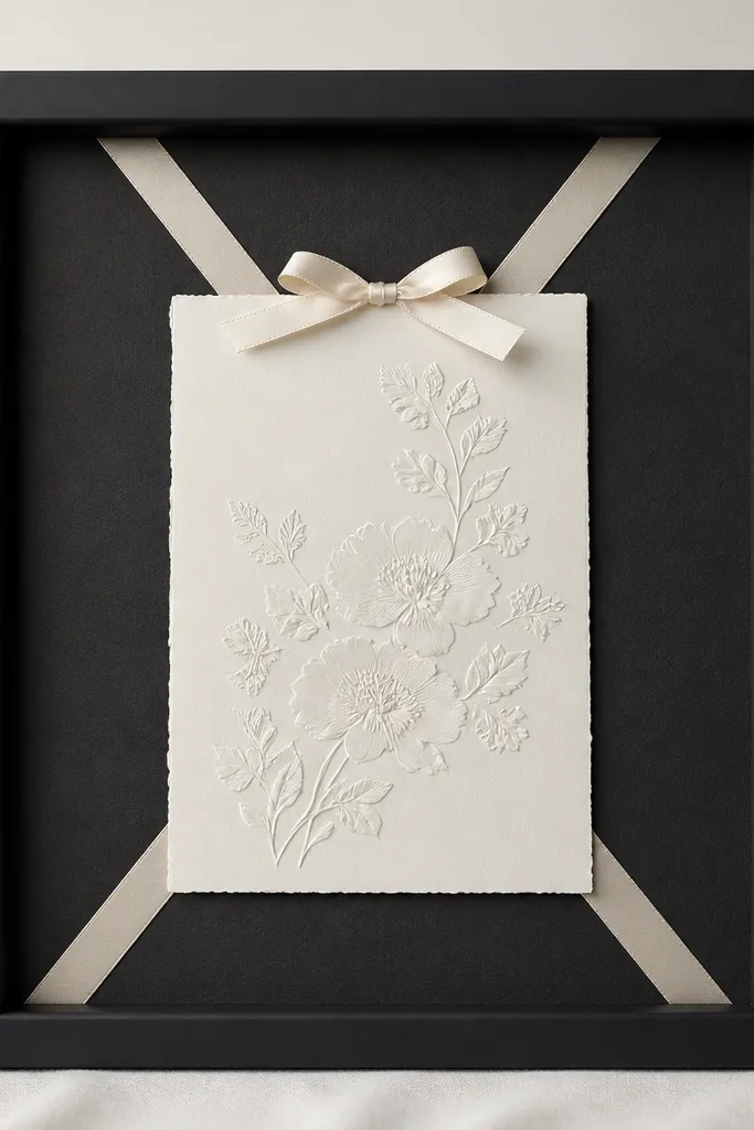 A matte black frame with a wedding card centered; two thin satin ribbons cross in an X behind the card, and a tiny bow sits at the top edge.